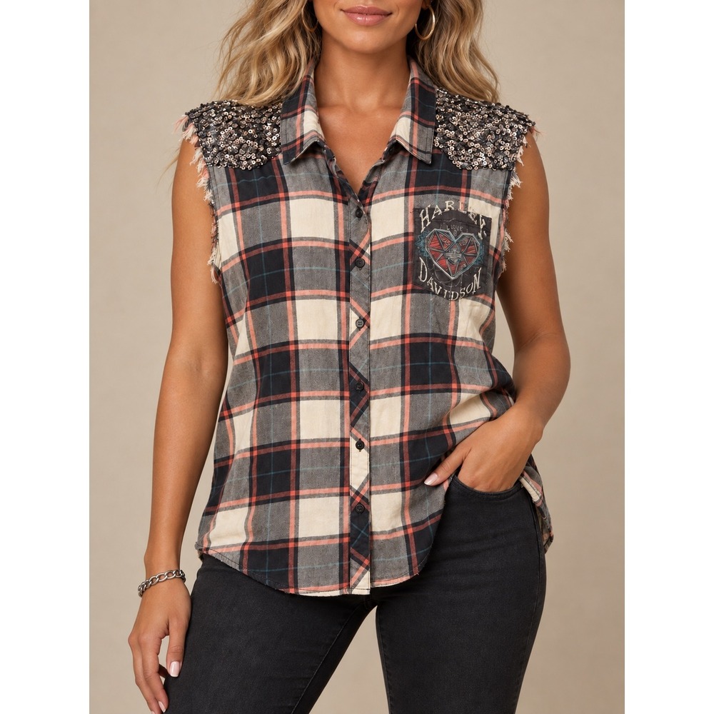 XL 110 Harley-Davidson Plaid Sequin Shoulder Sleeveless Button-Up Moto Shirt